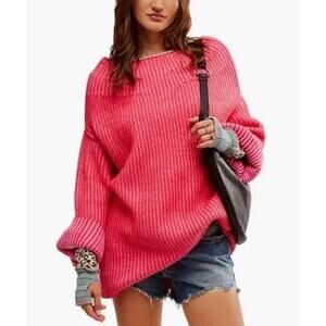 Free People Charlotte Tunic Sweater Pink Oversized Slouchy Ribbed Knit‎ Large